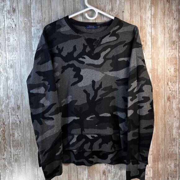 Polo Ralph Lauren Sweatshirt Womens M Black Gray‎ Camo Oversized Fleece Preppy - Picture 1 of 7